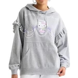 HELLO KITTY Ruffle Fleece Hoodie NEW Gray Long Sleeve Kangaroo Pocket Size M